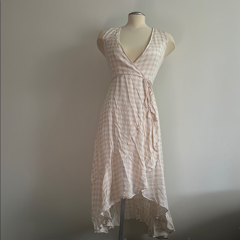 Charles Henry Cream Gingham High Low Wrap Sundress